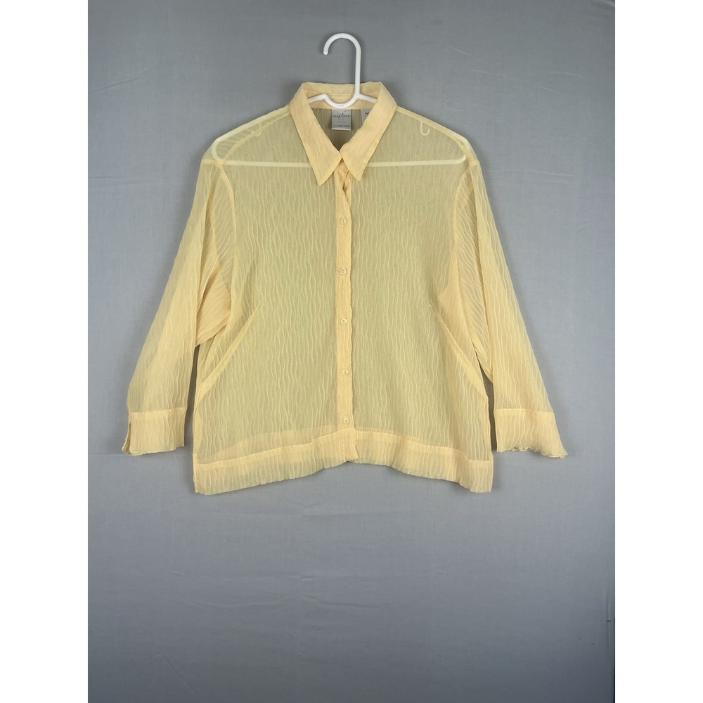 Emma James Petite Sheer Button Front Blouse Womens 14P Yellow Long Sleeve